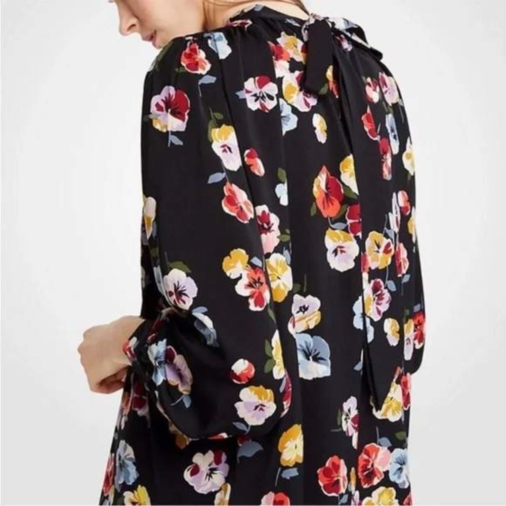 Ann Taylor Black Floral Print Long Sleeve Smocked Neck Tie Back Blouse Size S - Picture 2 of 5